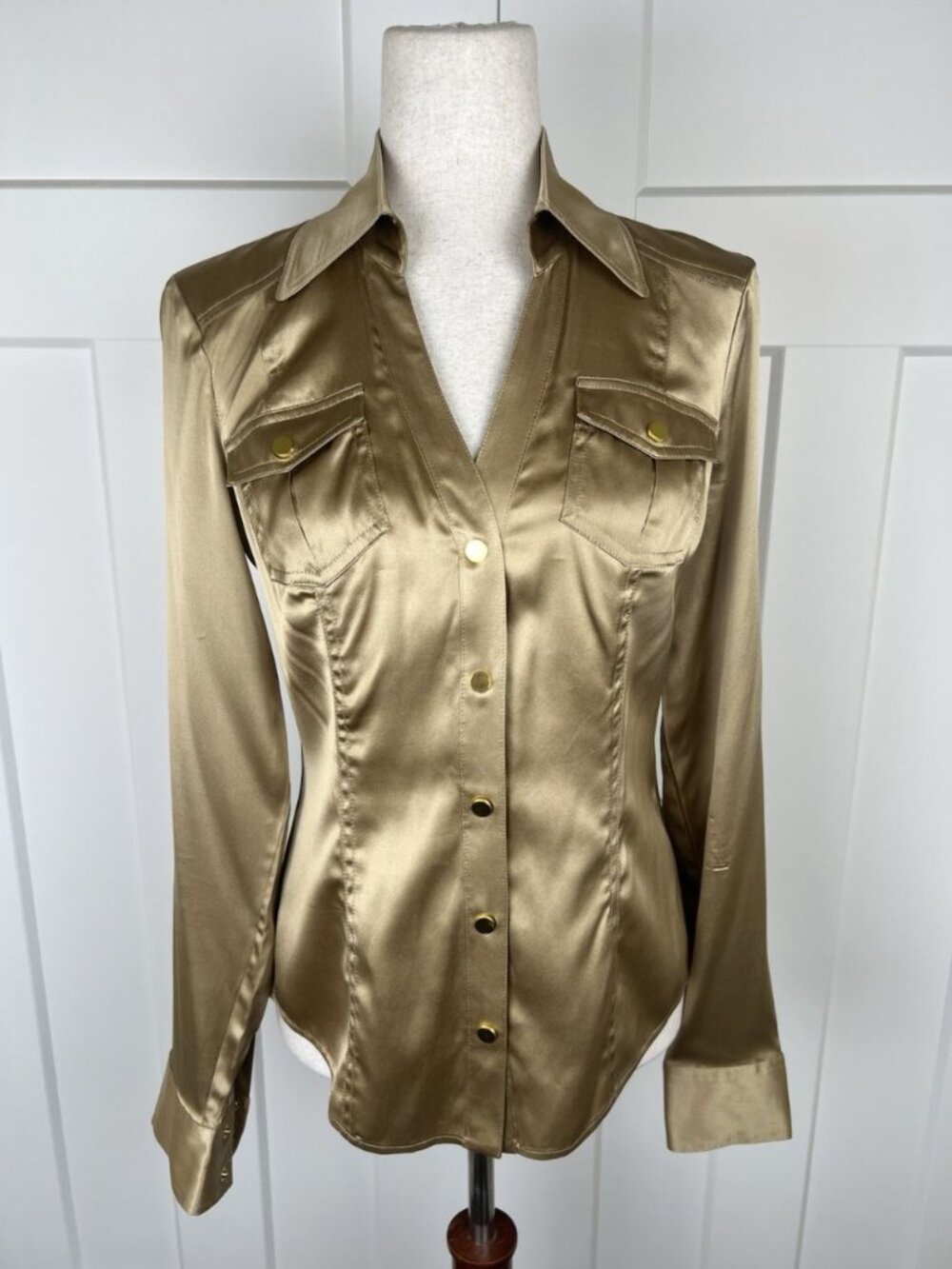 Vintage Cache Gold Silk Satin Blouse Snap Front Shirt Y2K Glam Size 4
